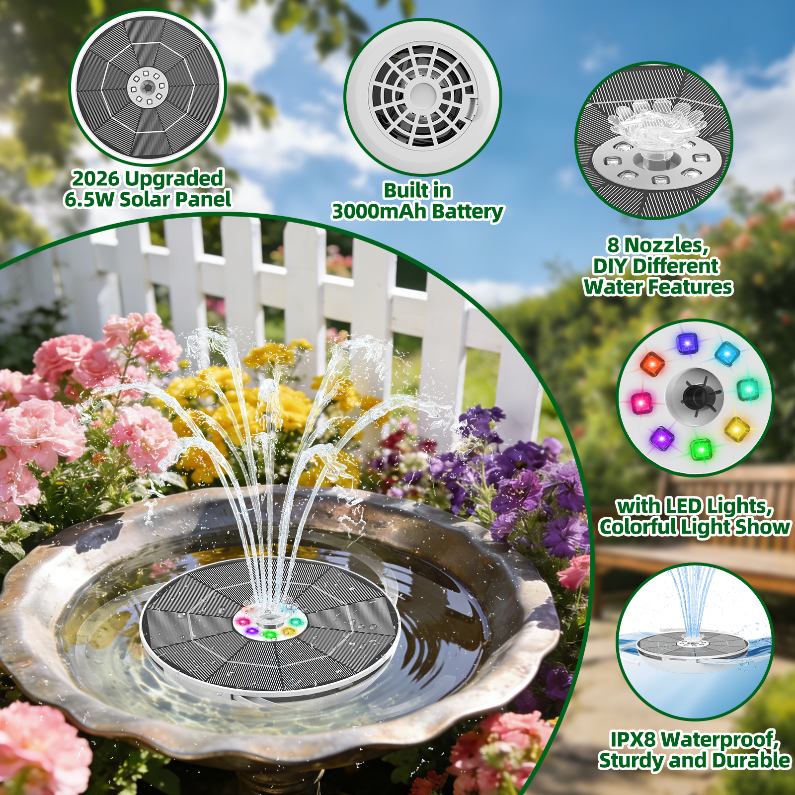 6.5W Solar Fountain Built in 3 - Smart Garden Lamp avaliação e preço